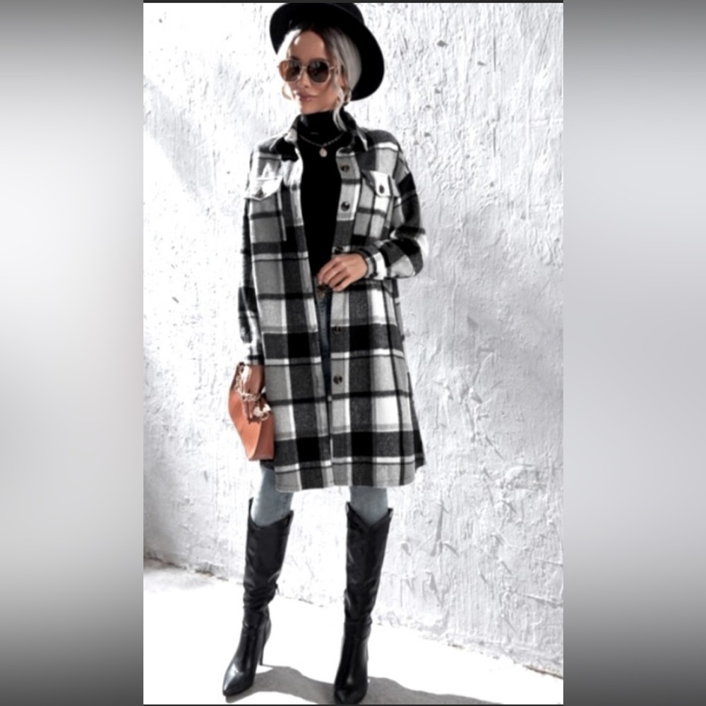 Black and White Buffalo plaid long shacket with buttons